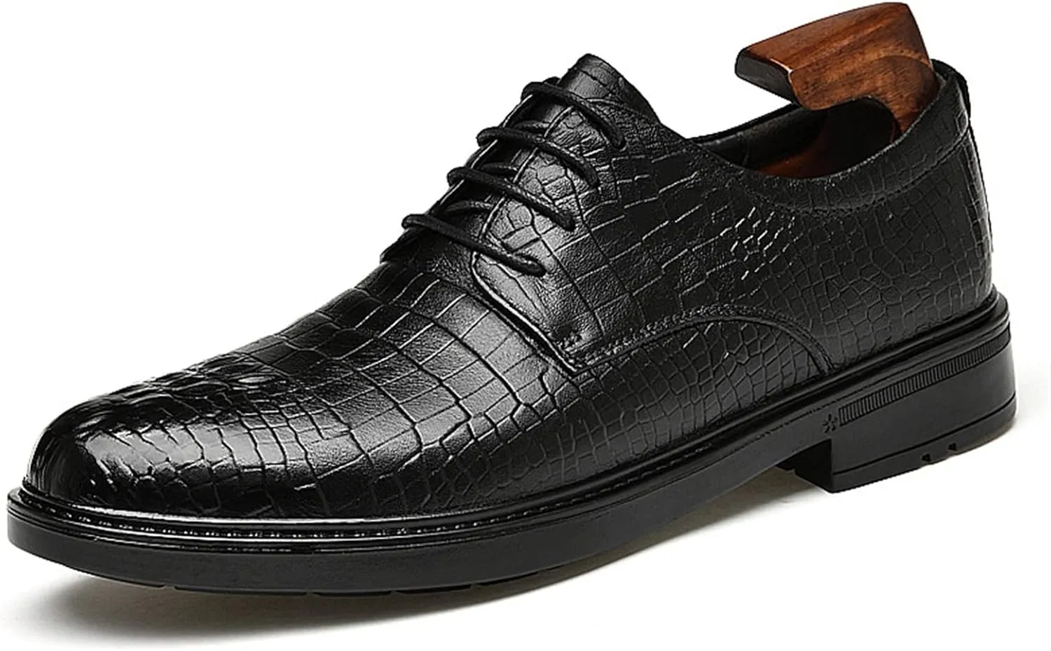 Dress Oxford for Men Lace Up Round Burnished Toe Derby Shoes Leather Low Top Block Heel Rubber Sole Non Slip Business