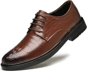 Dress Oxford for Men Lace Up Round Burnished Toe Derby Shoes Leather Low Top Block Heel Rubber Sole Non Slip Business
