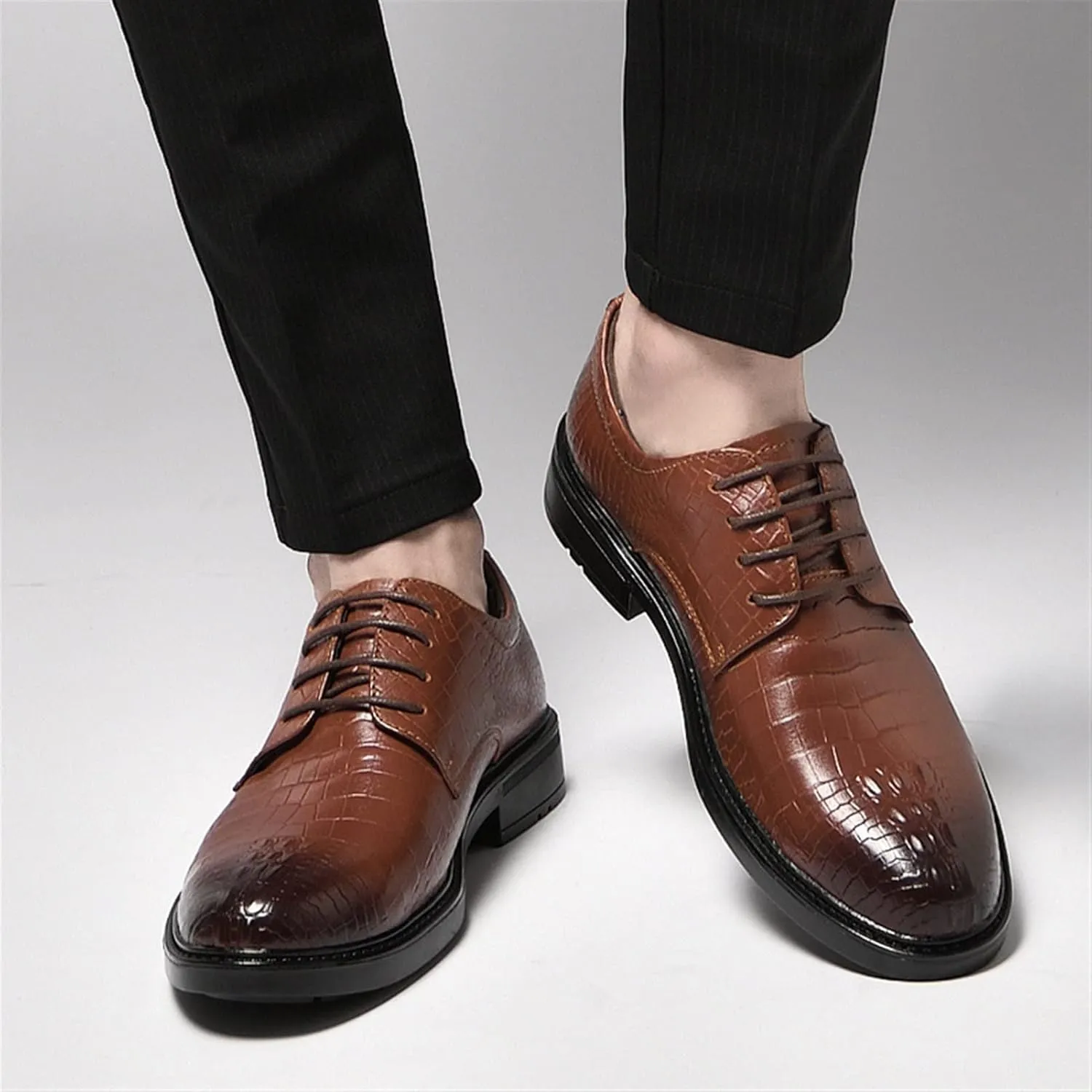 Dress Oxford for Men Lace Up Round Burnished Toe Derby Shoes Leather Low Top Block Heel Rubber Sole Non Slip Business
