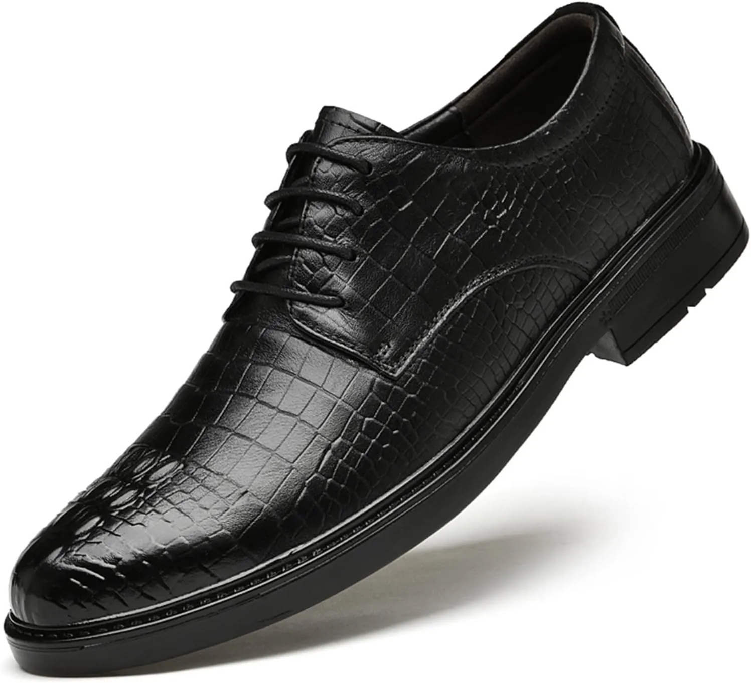 Dress Oxford for Men Lace Up Round Burnished Toe Derby Shoes Leather Low Top Block Heel Rubber Sole Non Slip Business
