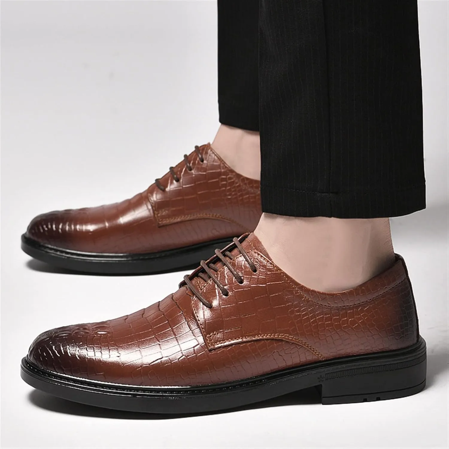 Dress Oxford for Men Lace Up Round Burnished Toe Derby Shoes Leather Low Top Block Heel Rubber Sole Non Slip Business