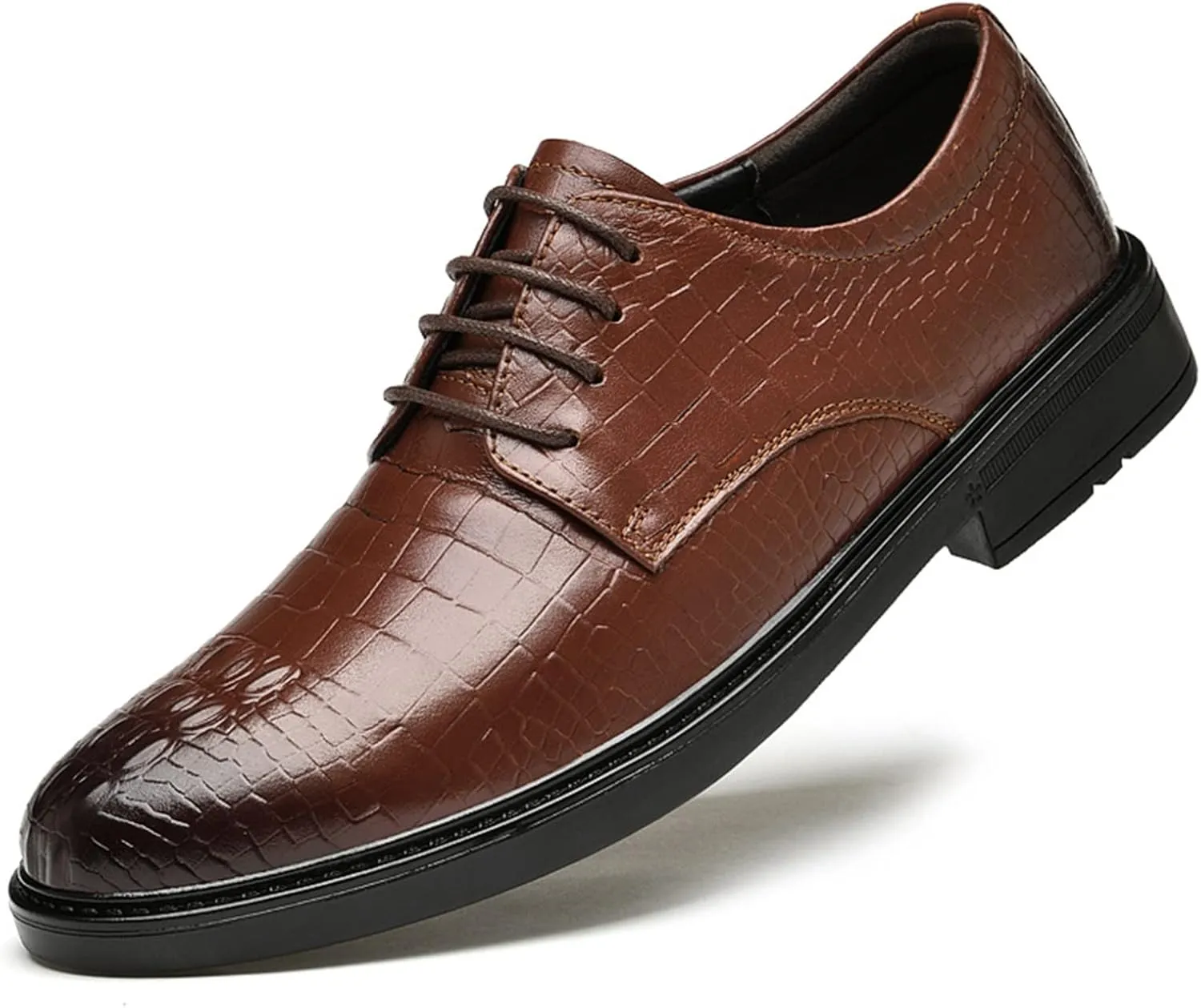 Dress Oxford for Men Lace Up Round Burnished Toe Derby Shoes Leather Low Top Block Heel Rubber Sole Non Slip Business