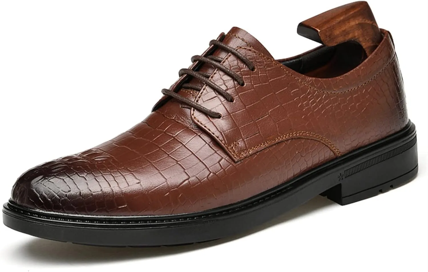 Dress Oxford for Men Lace Up Round Burnished Toe Derby Shoes Leather Low Top Block Heel Rubber Sole Non Slip Business