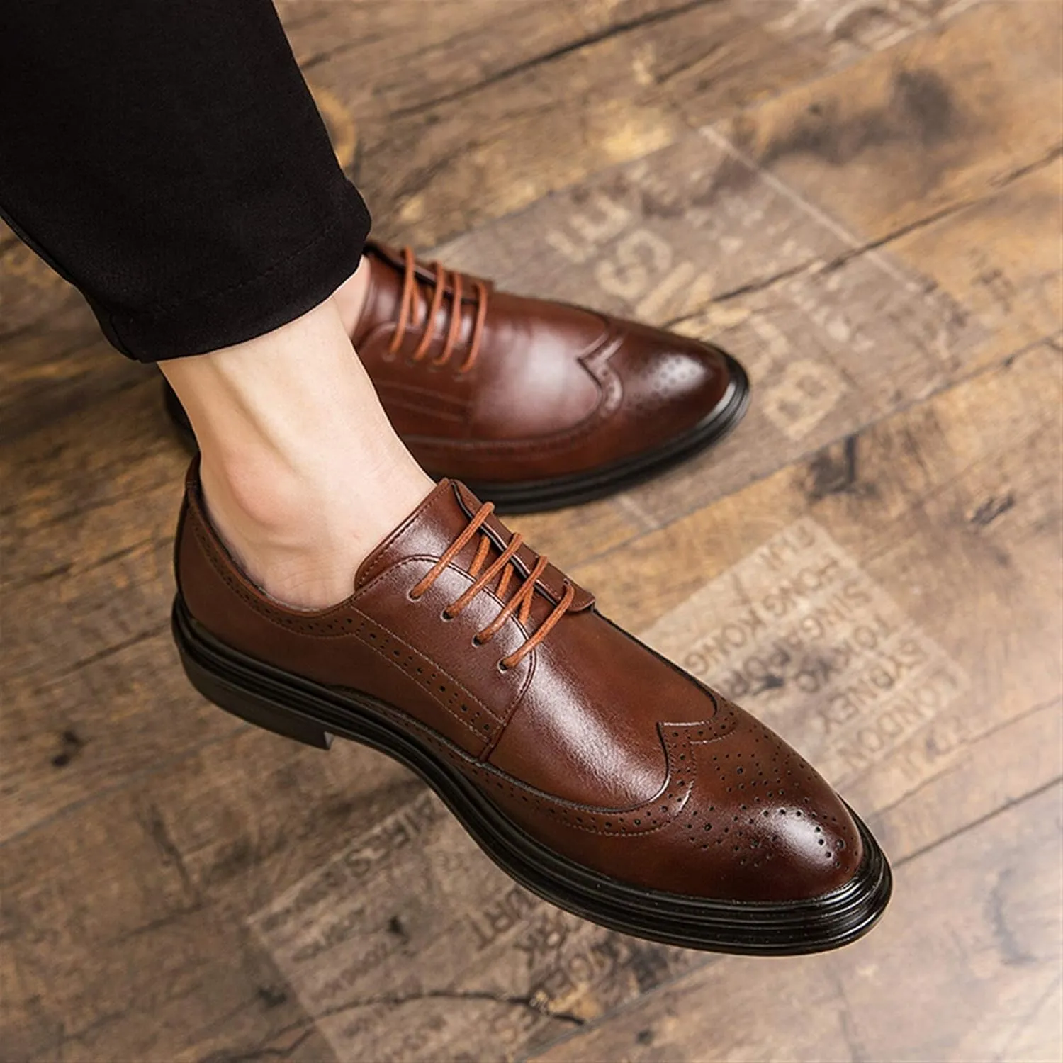 Dress Oxford Shoes for Men Lace Up Round Burnish Toe Wing Tips Brogue Embossed Vegan Leather Resistant Non Slip Block Heel Classic