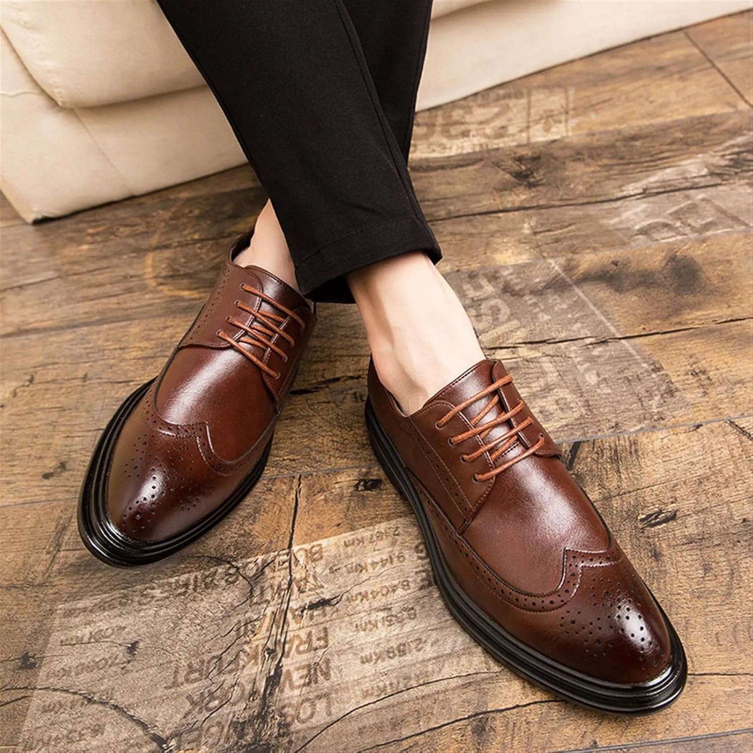 Dress Oxford Shoes for Men Lace Up Round Burnish Toe Wing Tips Brogue Embossed Vegan Leather Resistant Non Slip Block Heel Classic