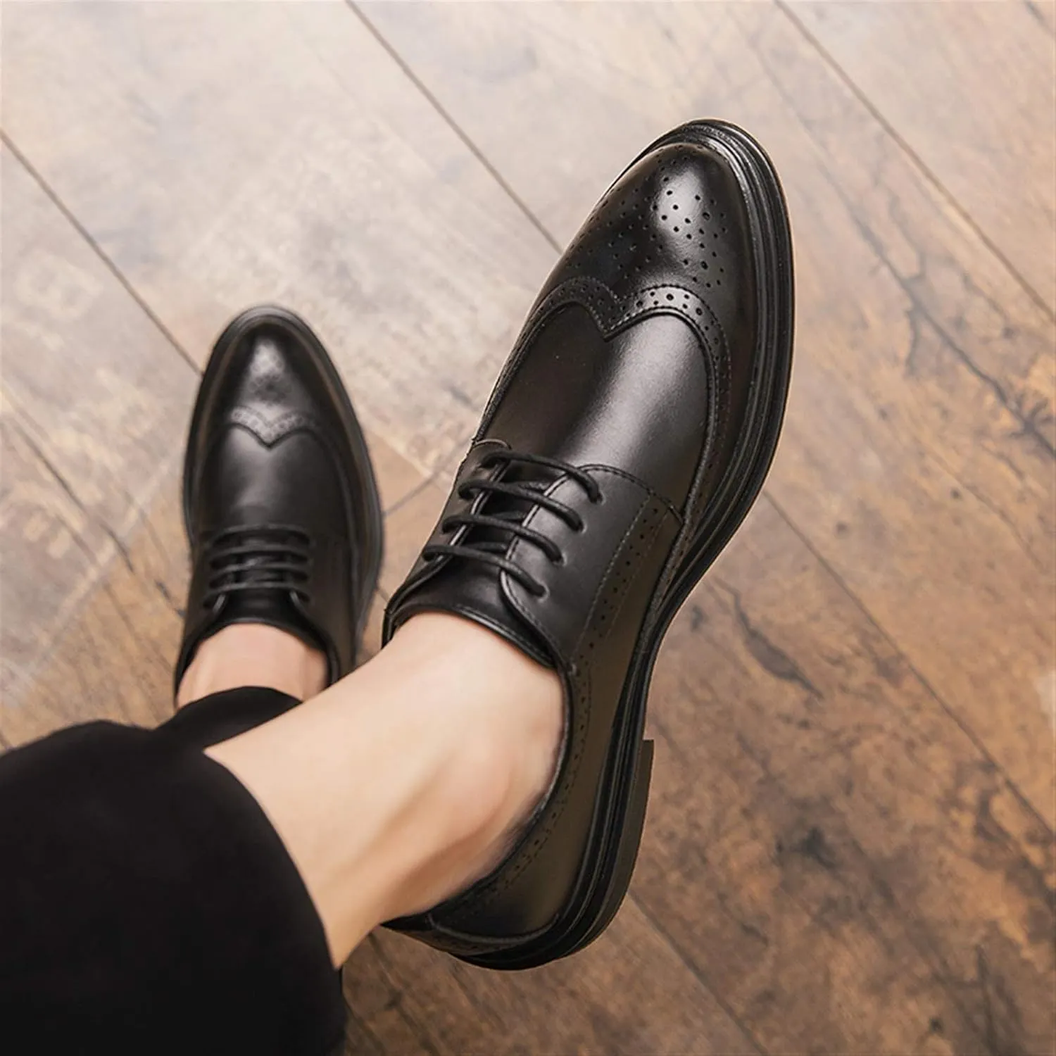Dress Oxford Shoes for Men Lace Up Round Burnish Toe Wing Tips Brogue Embossed Vegan Leather Resistant Non Slip Block Heel Classic