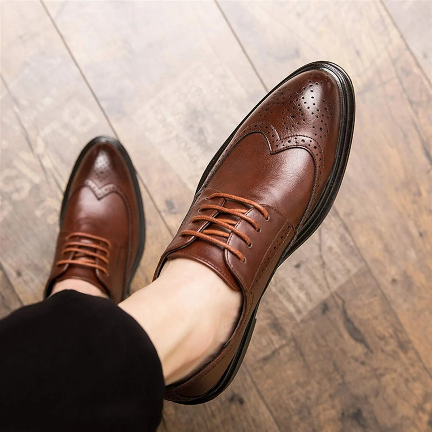 Dress Oxford Shoes for Men Lace Up Round Burnish Toe Wing Tips Brogue Embossed Vegan Leather Resistant Non Slip Block Heel Classic