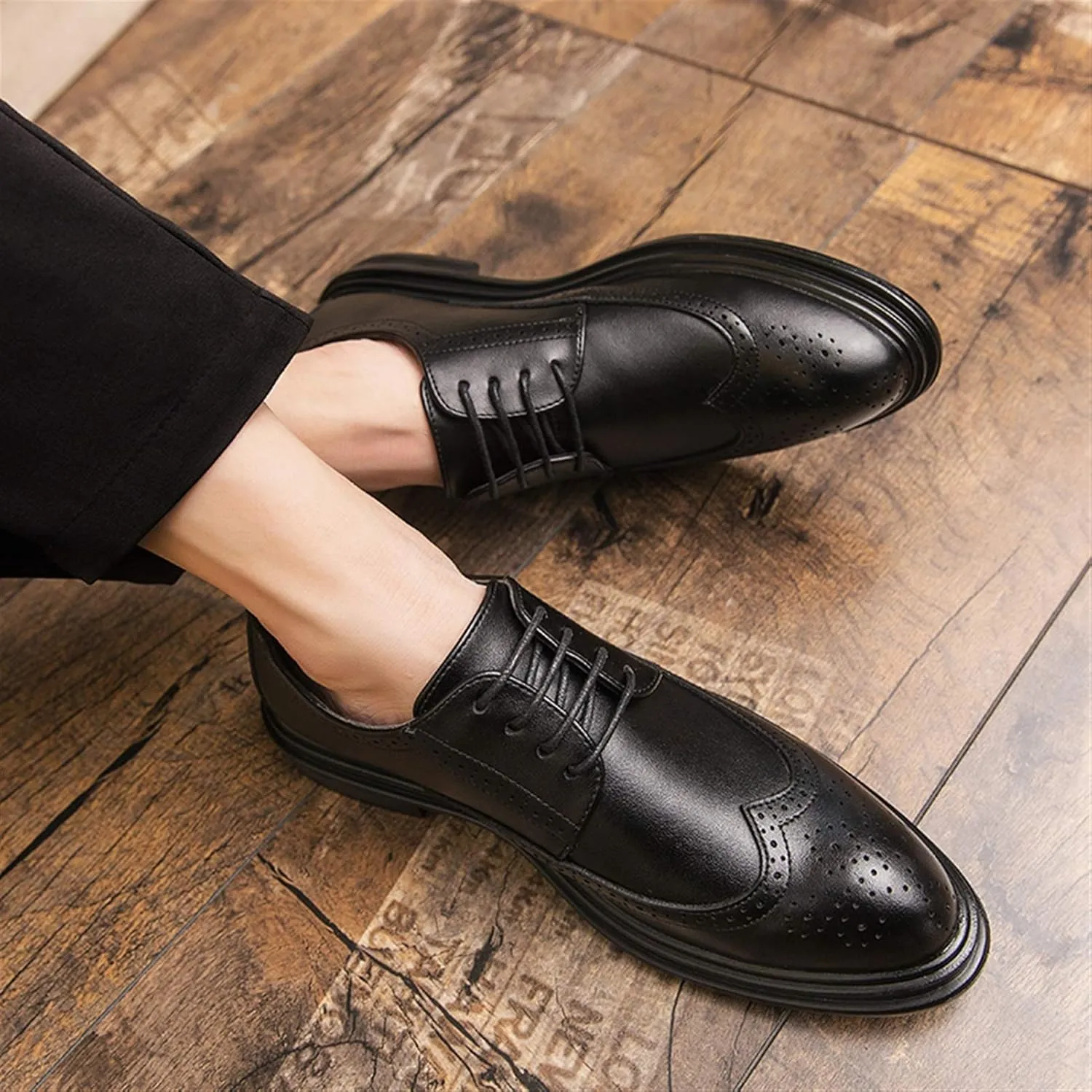 Dress Oxford Shoes for Men Lace Up Round Burnish Toe Wing Tips Brogue Embossed Vegan Leather Resistant Non Slip Block Heel Classic