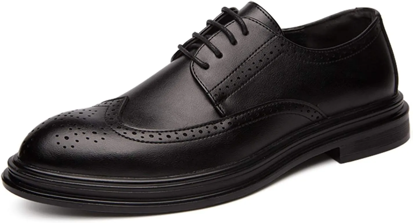 Dress Oxford Shoes for Men Lace Up Round Burnish Toe Wing Tips Brogue Embossed Vegan Leather Resistant Non Slip Block Heel Classic