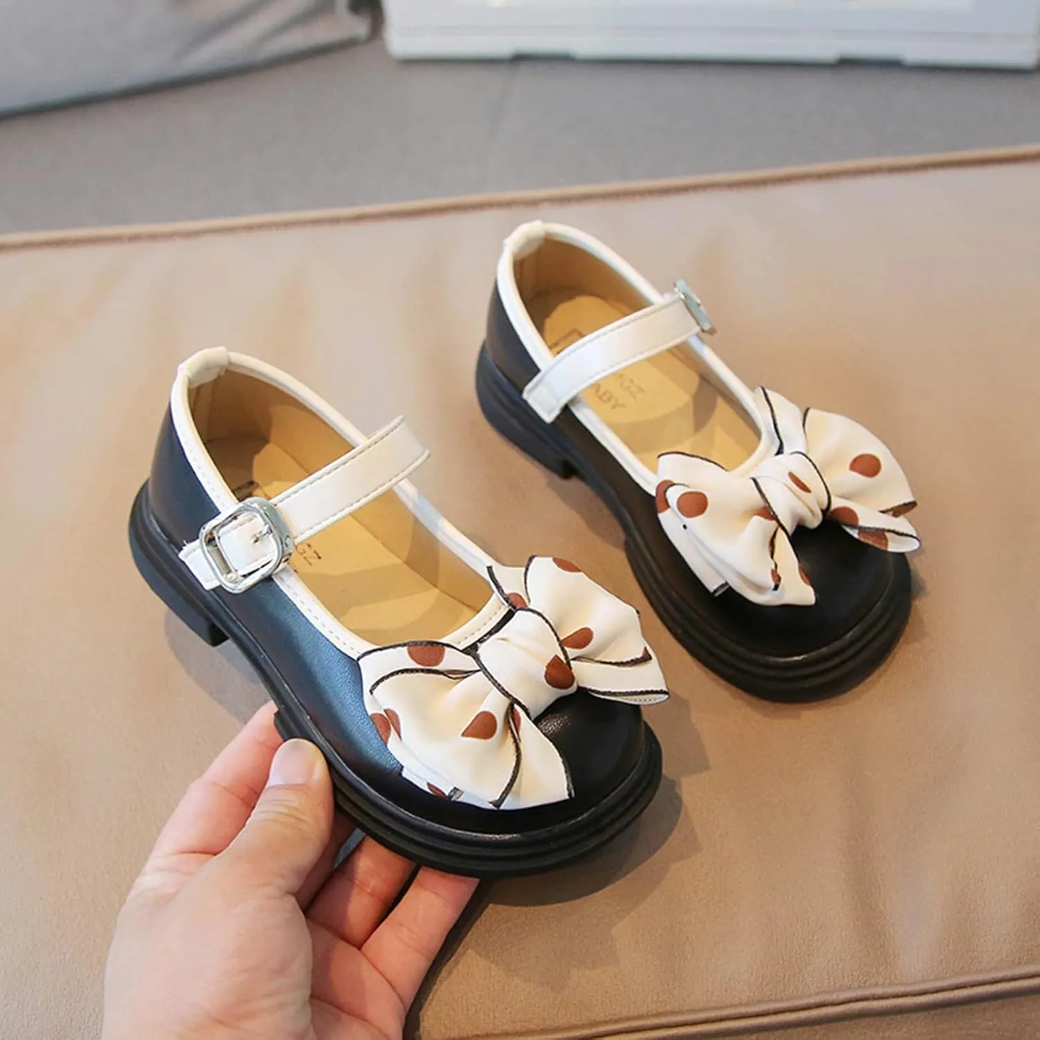 Fashion Autumn Girls Casual Shoes Thick Sole Round Toe Polka Dot Bow Buckle Dress Shoes Toddler on Boots