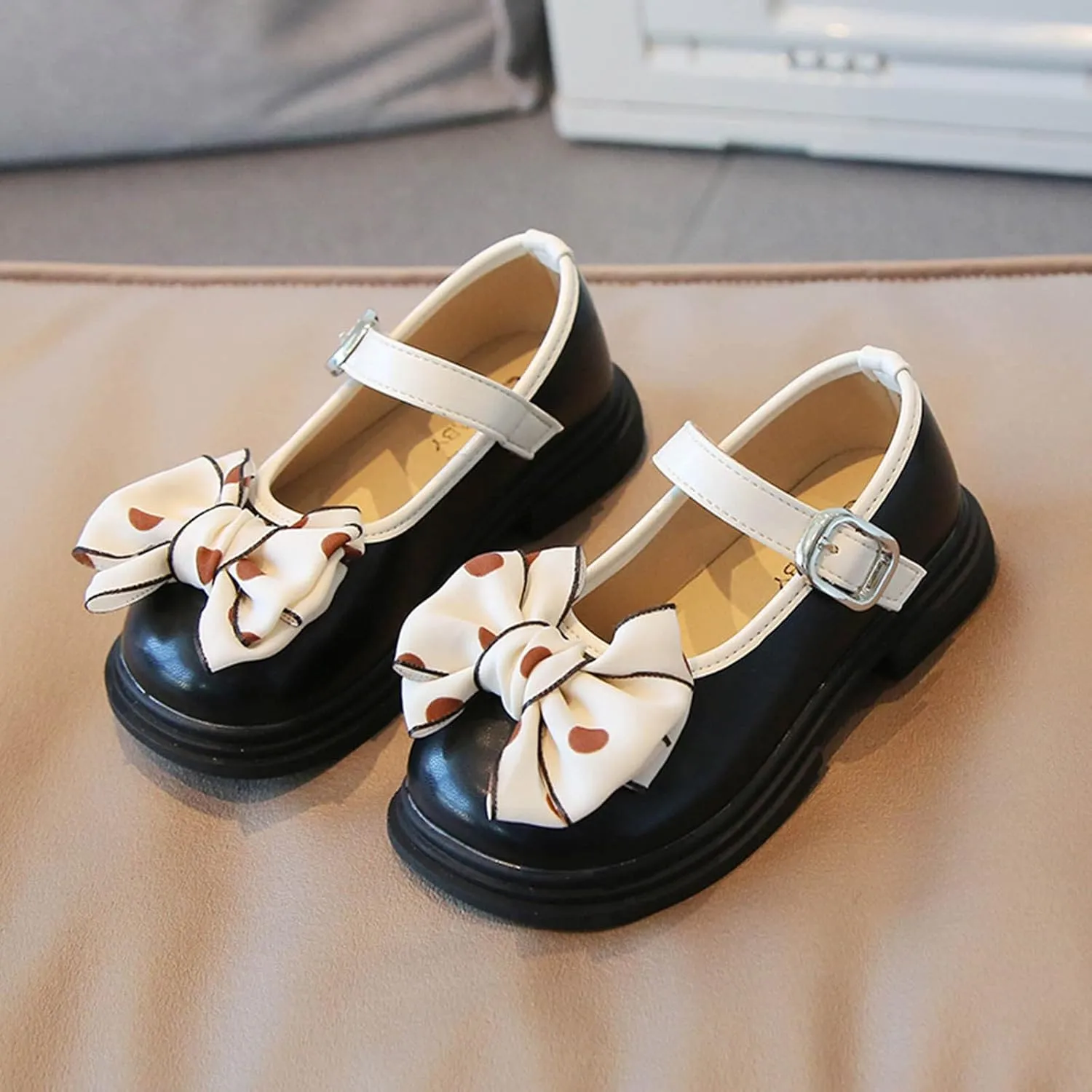 Fashion Autumn Girls Casual Shoes Thick Sole Round Toe Polka Dot Bow Buckle Dress Shoes Toddler on Boots