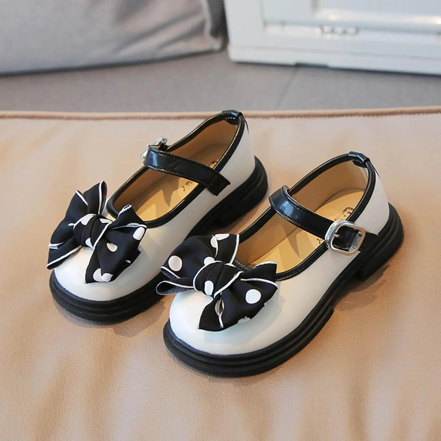 Fashion Autumn Girls Casual Shoes Thick Sole Round Toe Polka Dot Bow Buckle Dress Shoes Toddler on Boots