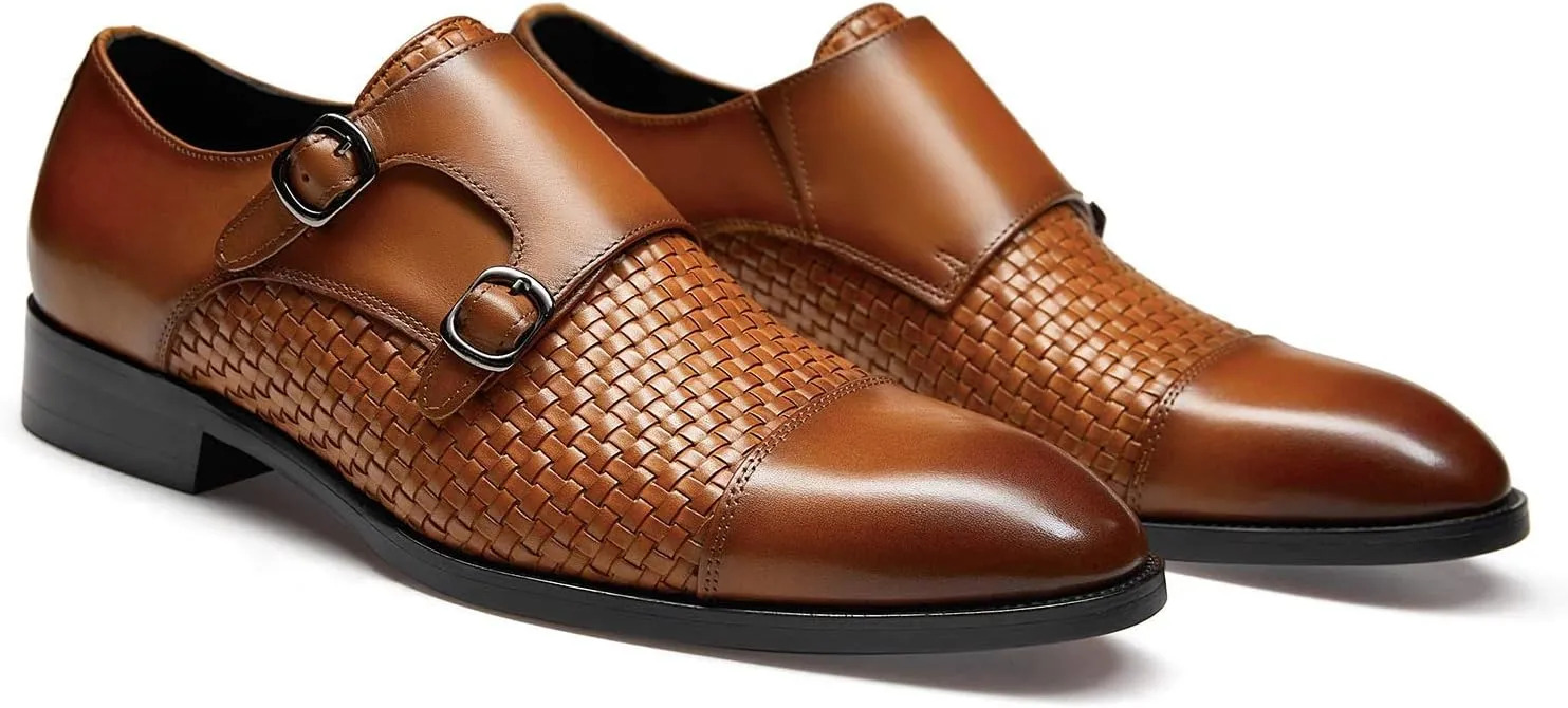 FRASOICUS Men ??s Dress Shoes Genuine Leather Single Monk Strap Slip-On Shoes for Formal Occasions