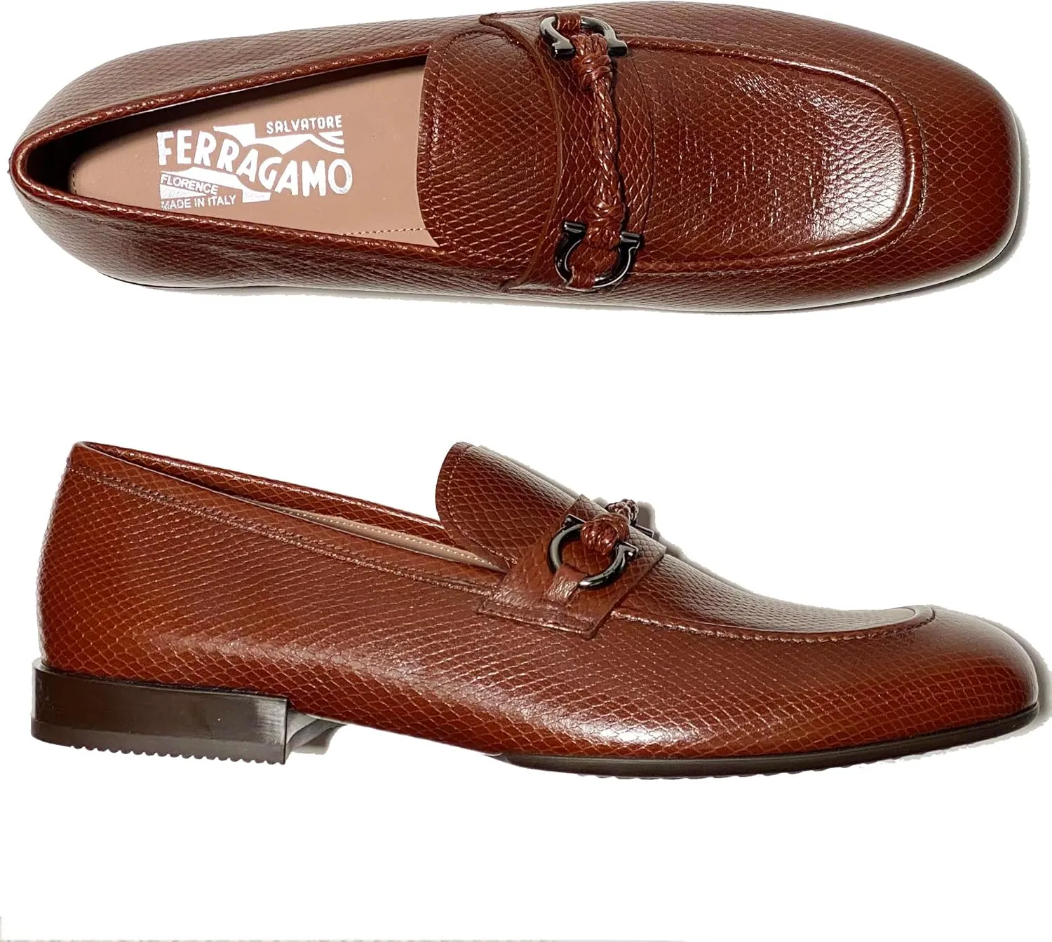 Gancini Brown Pebbled Leather Pago Men's Dress Strap Loafers (Salvatore