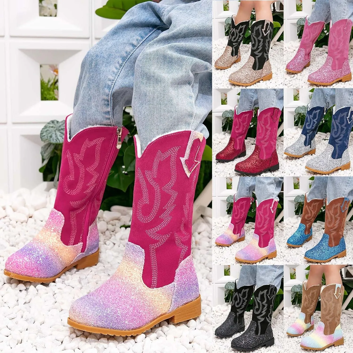 Girls Boots Mid Calf Round Toe Glitter Toddler Cowboy Boot Little Kid Big Kid Dress Up Party Birthday Dance Shoes