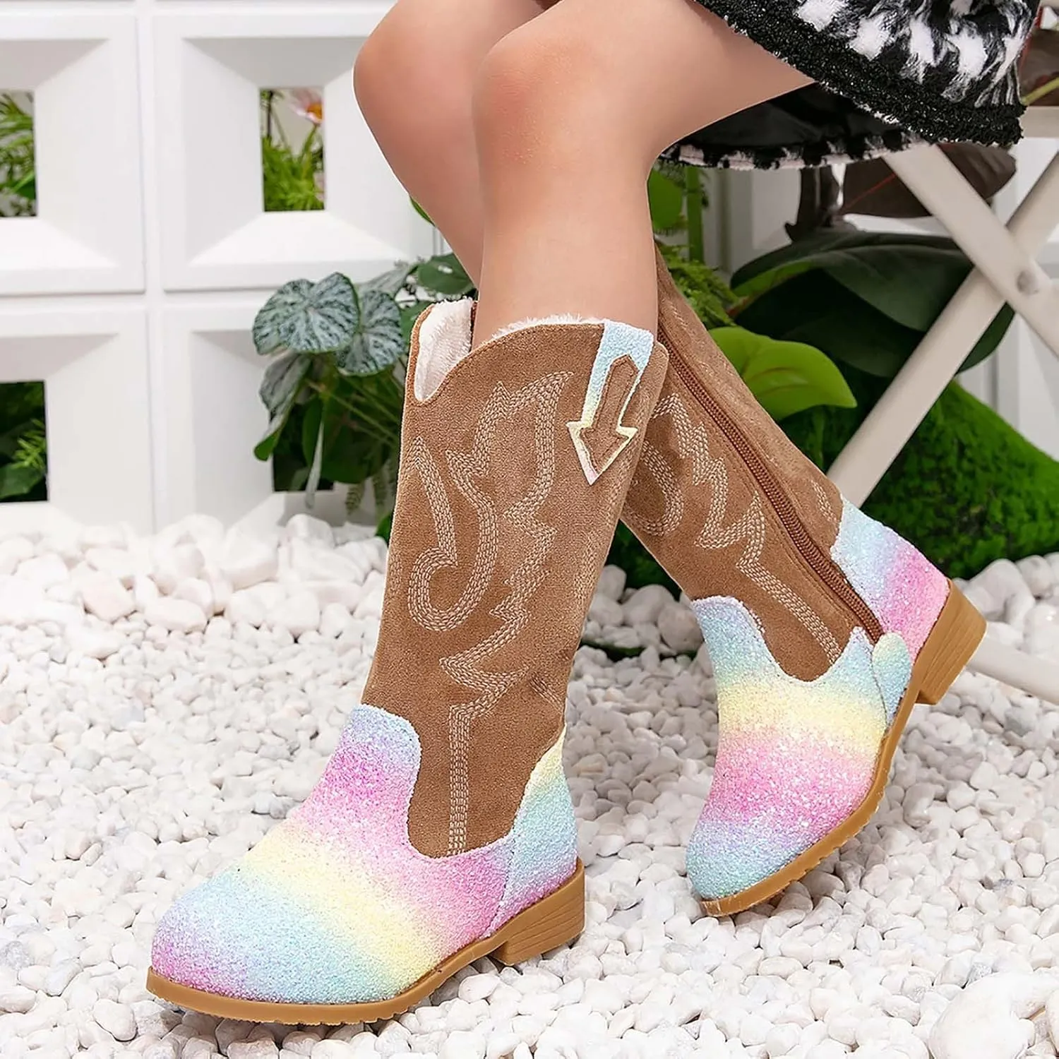 Girls Boots Mid Calf Round Toe Glitter Toddler Cowboy Boot Little Kid Big Kid Dress Up Party Birthday Dance Shoes