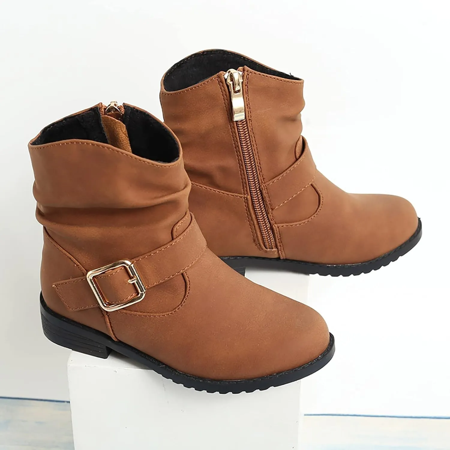 Girls Buckle Decor Boots Western Boots Kids Ankle Boots Girls Low Heel Riding Booties Size 5 Toddler Girl Boots