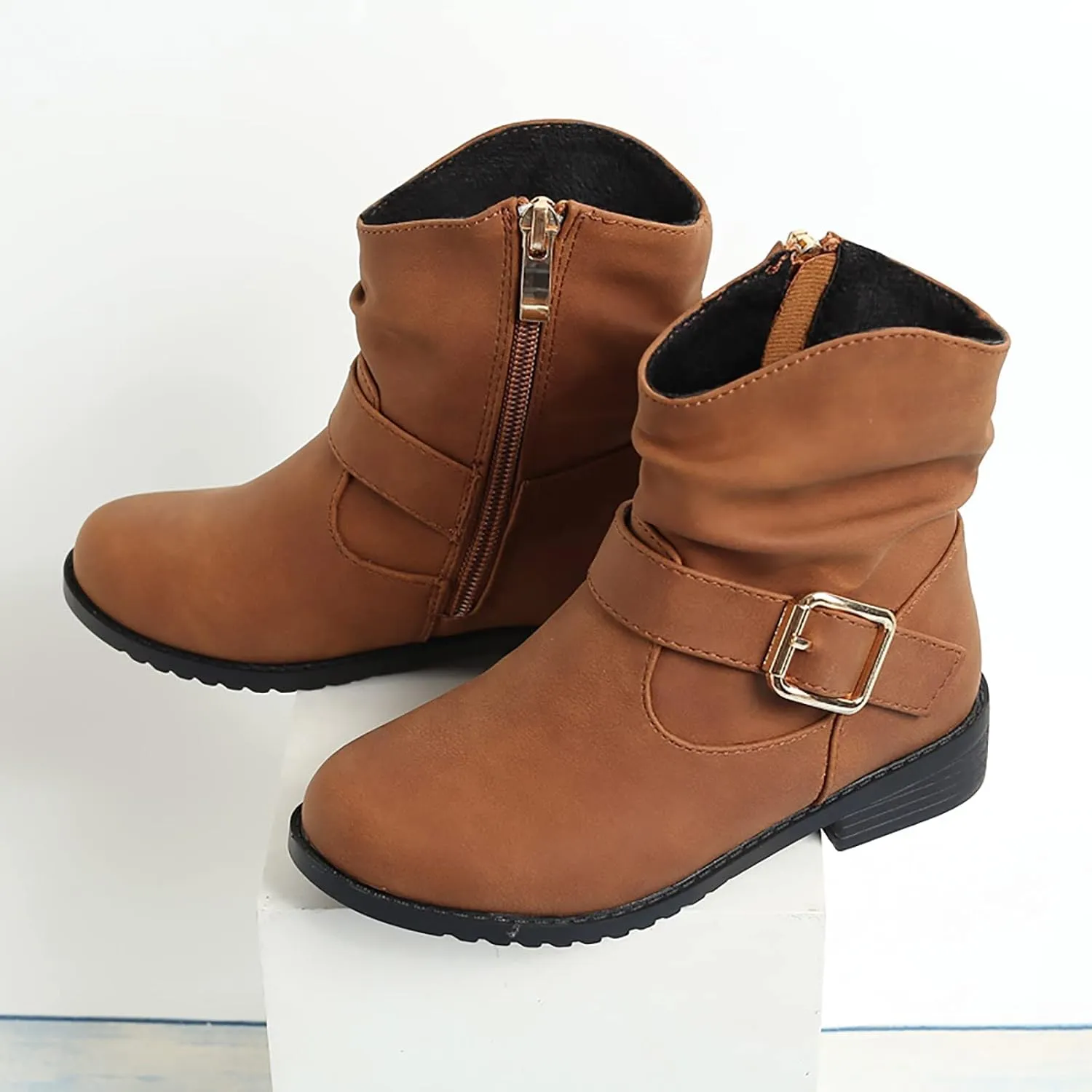 Girls Buckle Decor Boots Western Boots Kids Ankle Boots Girls Low Heel Riding Booties Size 5 Toddler Girl Boots