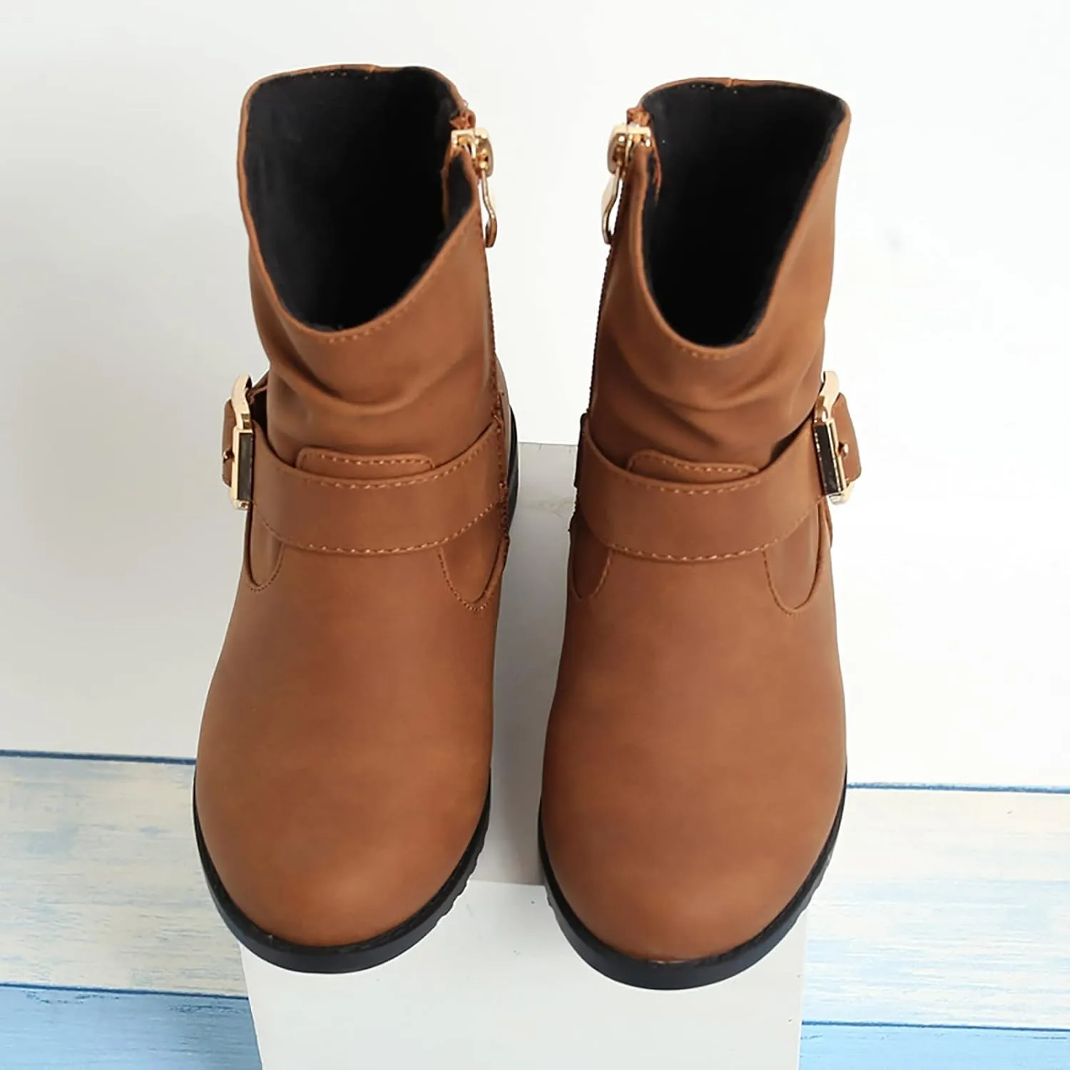Girls Buckle Decor Boots Western Boots Kids Ankle Boots Girls Low Heel Riding Booties Size 5 Toddler Girl Boots