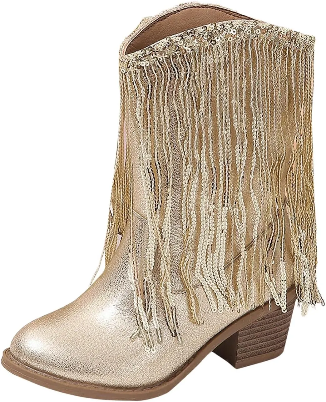 Girls Cowboy Boots Leather Riding Shoes Kids Fashion Mid Calf Sparkly Sequins Tassel Western Cowboy Boots with Heel