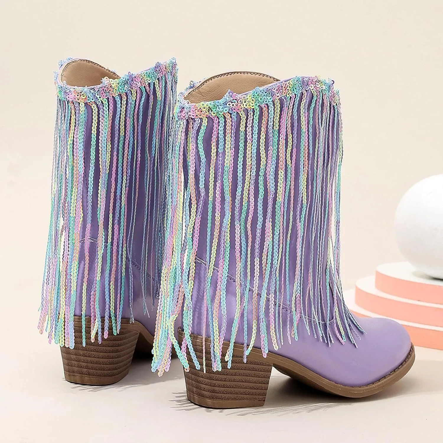 Girls Cowboy Boots Leather Riding Shoes Kids Fashion Mid Calf Sparkly Sequins Tassel Western Cowboy Boots with Heel