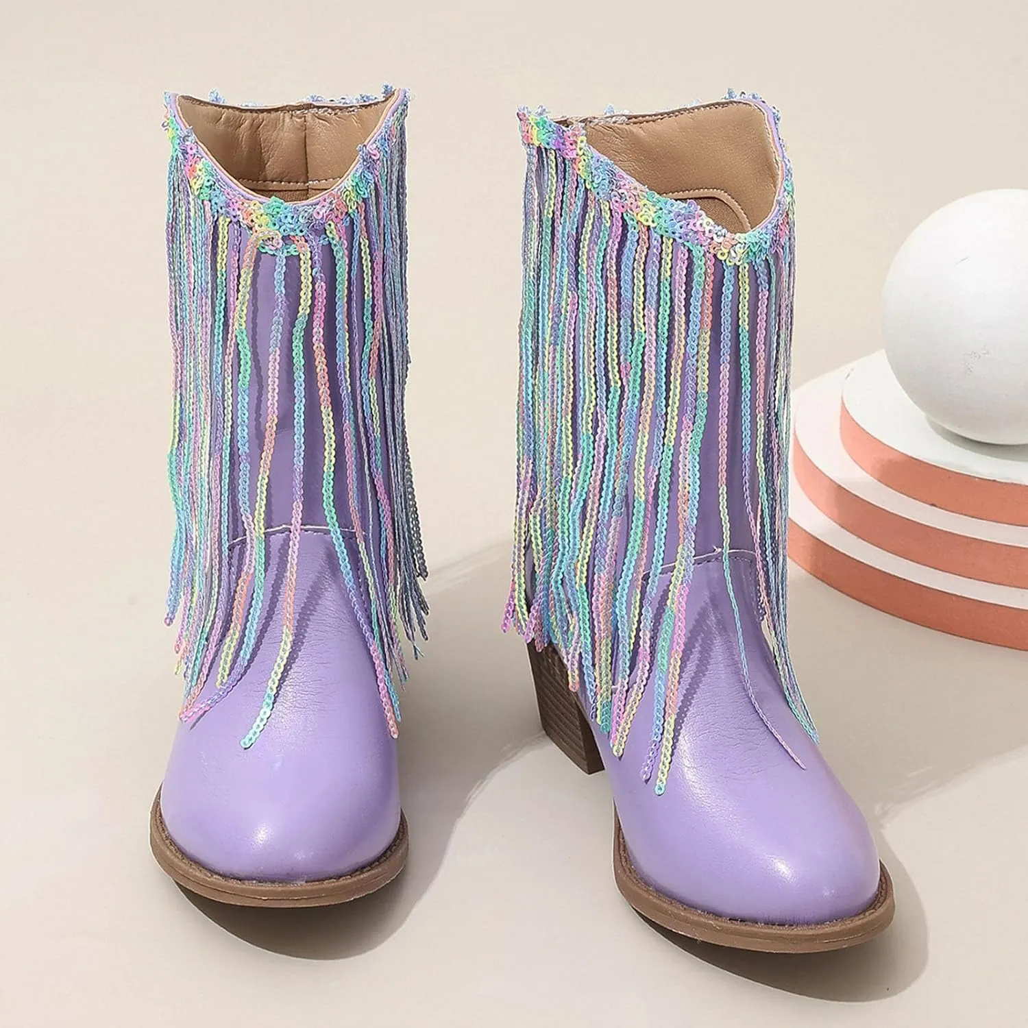 Girls Cowboy Boots Leather Riding Shoes Kids Fashion Mid Calf Sparkly Sequins Tassel Western Cowboy Boots with Heel