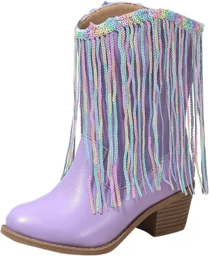 Girls Cowboy Boots Leather Riding Shoes Kids Fashion Mid Calf Sparkly Sequins Tassel Western Cowboy Boots with Heel
