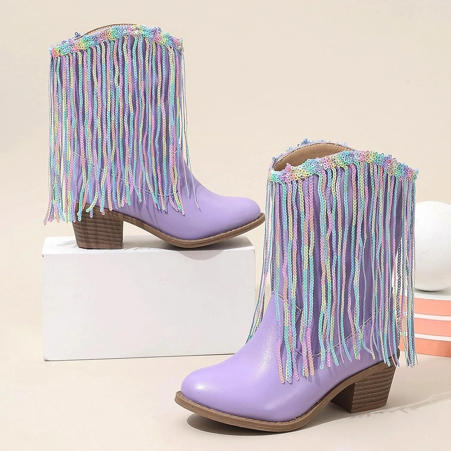 Girls Cowboy Boots Leather Riding Shoes Kids Fashion Mid Calf Sparkly Sequins Tassel Western Cowboy Boots with Heel