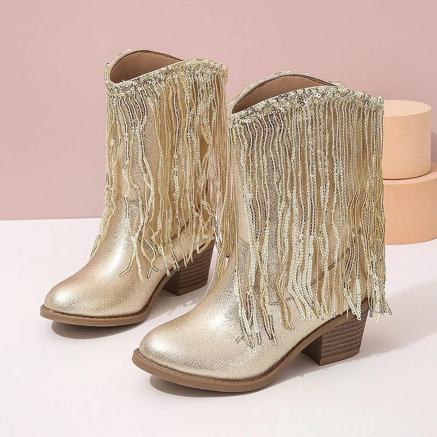 Girls Cowboy Boots Leather Riding Shoes Kids Fashion Mid Calf Sparkly Sequins Tassel Western Cowboy Boots with Heel