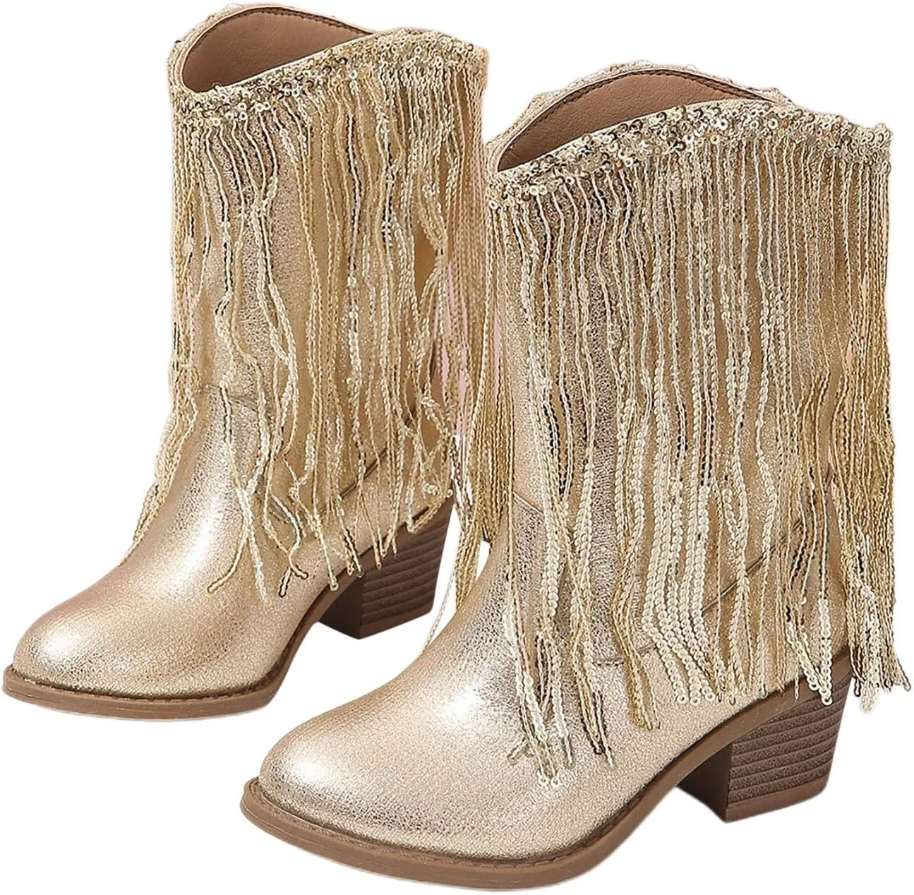 Girls Cowboy Boots Leather Riding Shoes Kids Fashion Mid Calf Sparkly Sequins Tassel Western Cowboy Boots with Heel