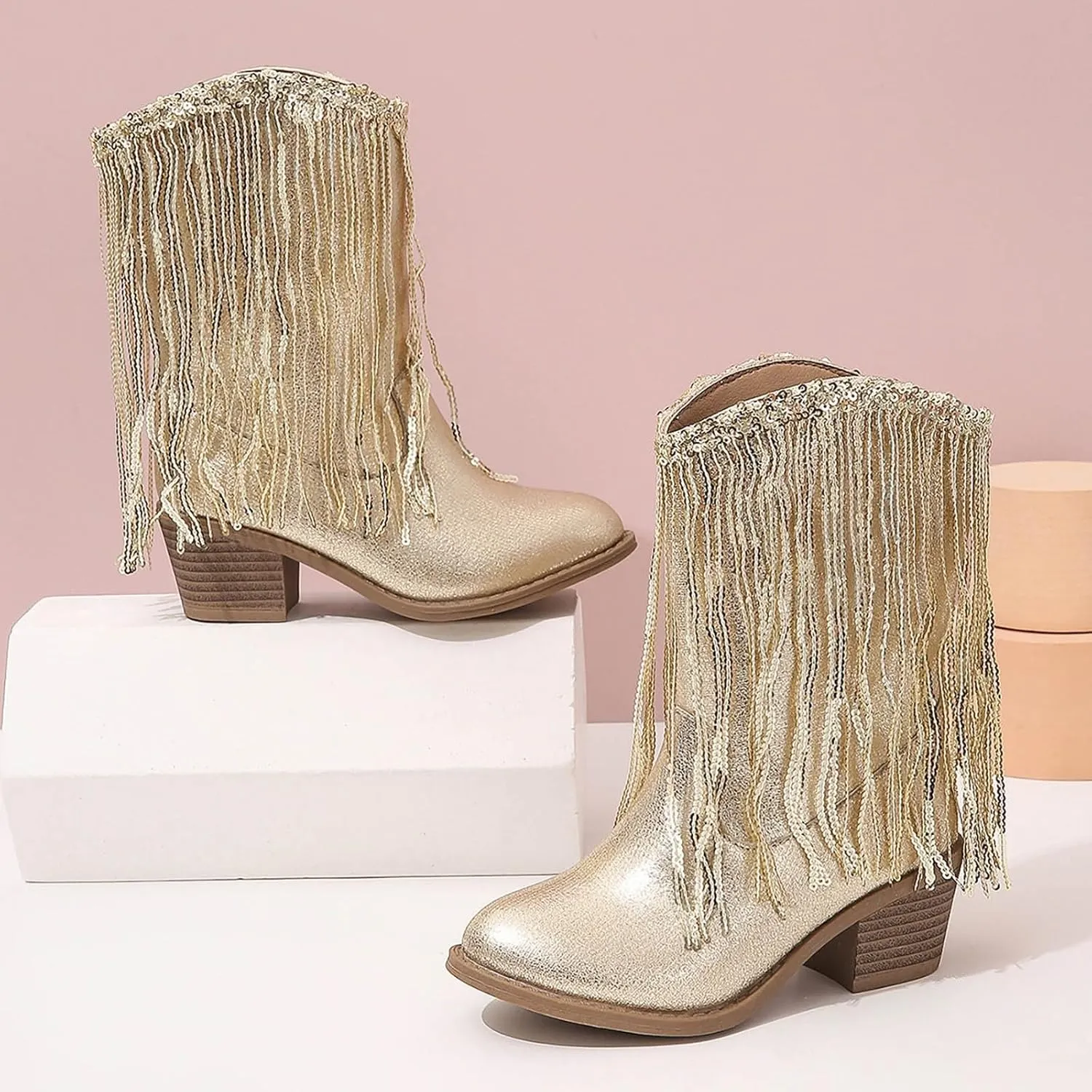 Girls Cowboy Boots Leather Riding Shoes Kids Fashion Mid Calf Sparkly Sequins Tassel Western Cowboy Boots with Heel
