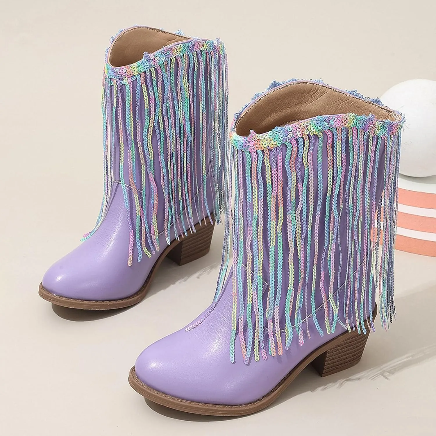 Girls Cowboy Boots Leather Riding Shoes Kids Fashion Mid Calf Sparkly Sequins Tassel Western Cowboy Boots with Heel