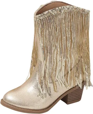 Girls Cowboy Boots Leather Riding Shoes Kids Fashion Mid Calf Sparkly Sequins Tassel Western Cowboy Boots with Heel