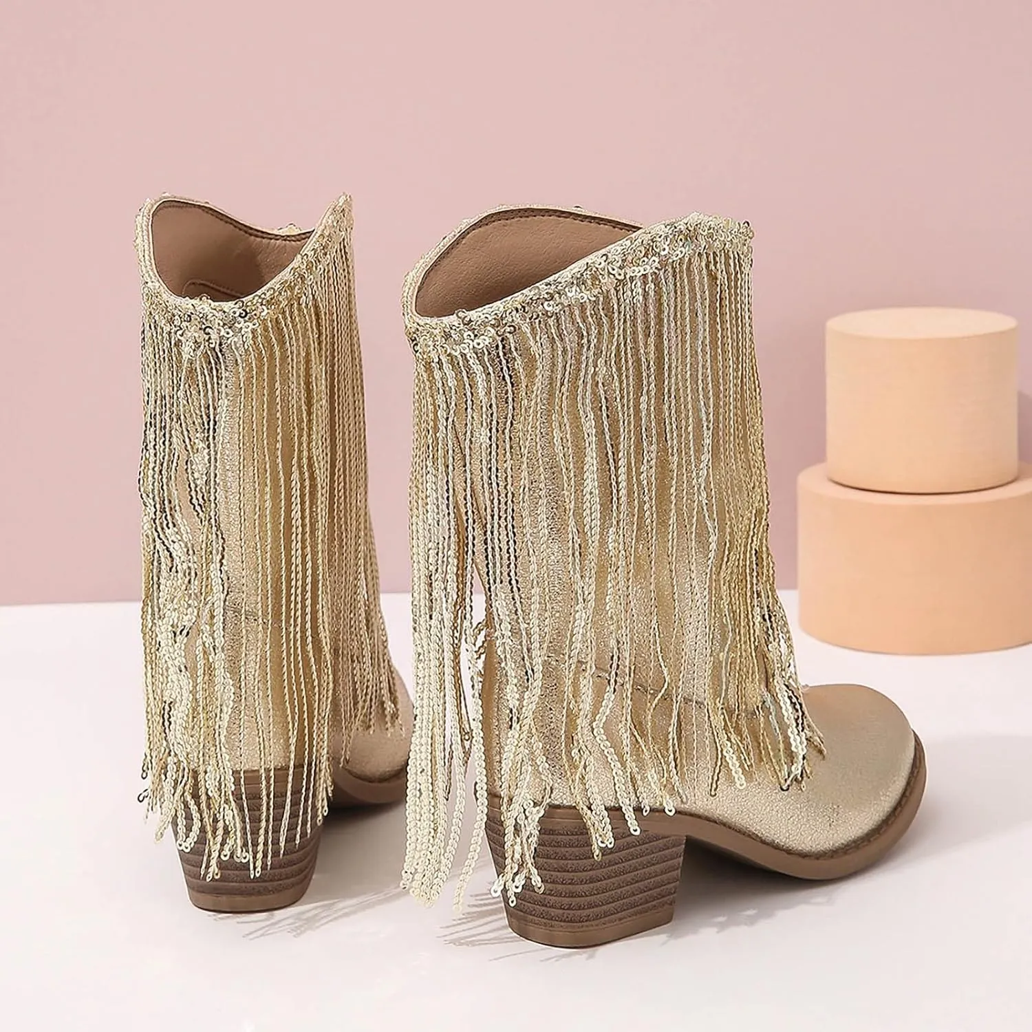 Girls Cowboy Boots Leather Riding Shoes Kids Fashion Mid Calf Sparkly Sequins Tassel Western Cowboy Boots with Heel