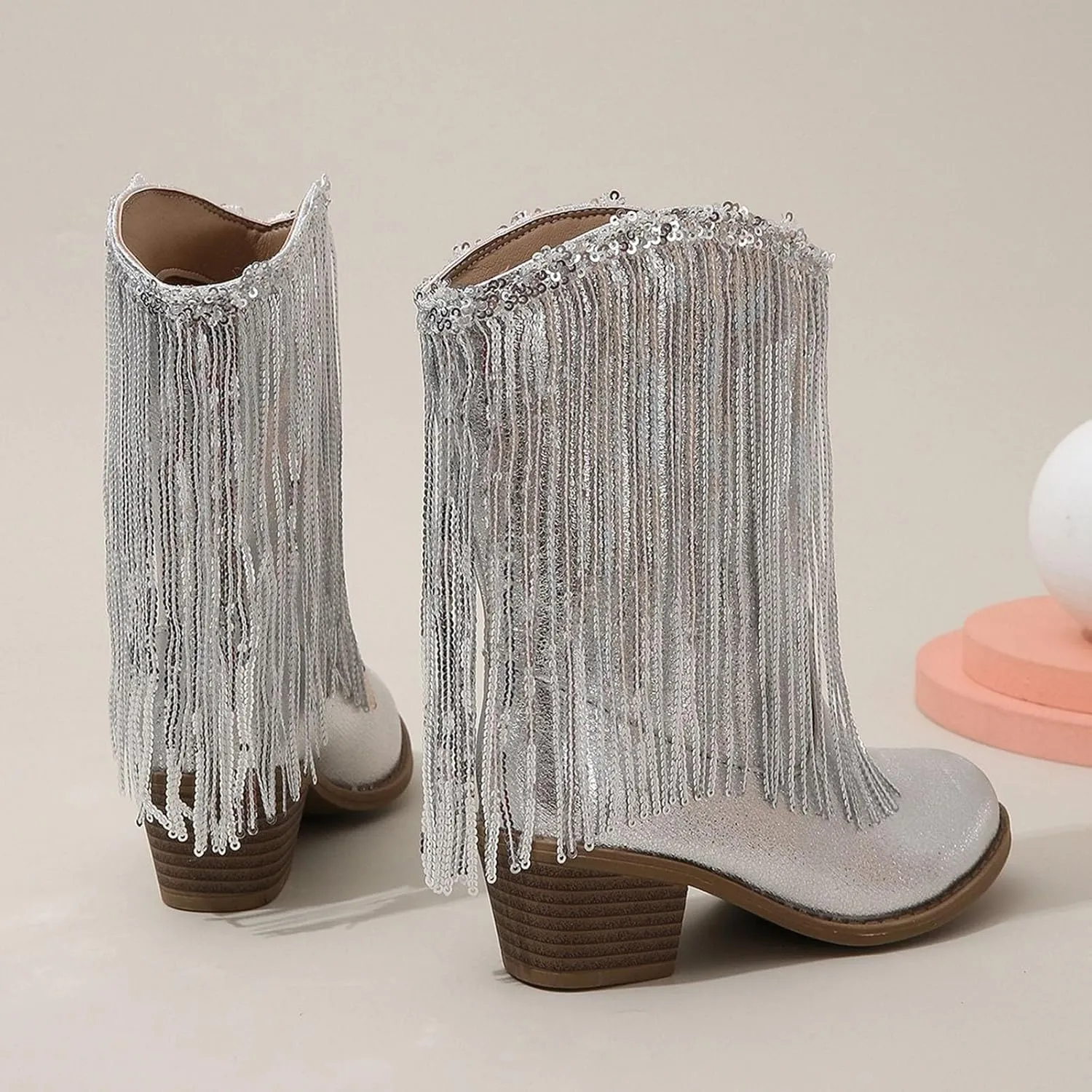 Girls Cowgirl Boots with Tassel Kids Sparkly Leather Western Cowboy Boots Mid Calf Sequins Riding Shoes Casual Boot
