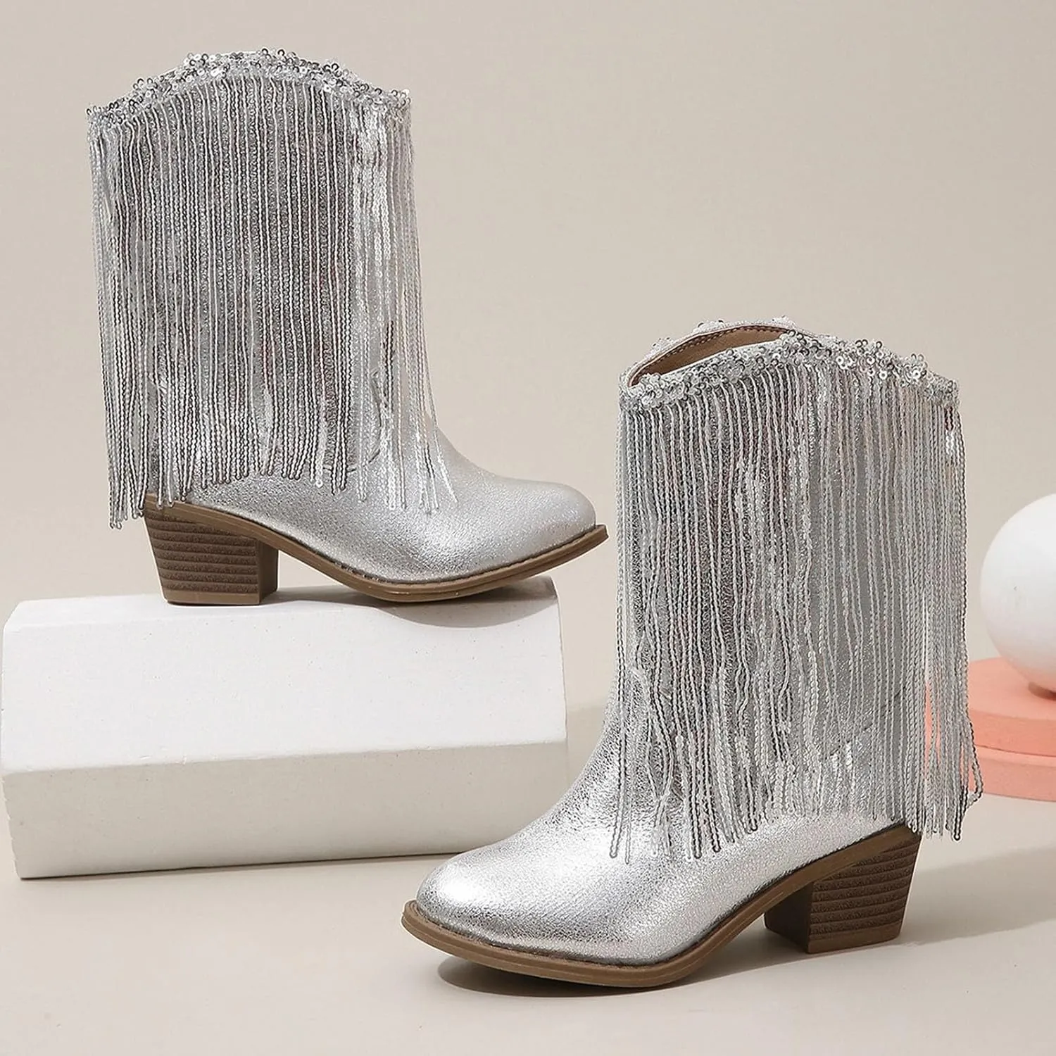 Girls Cowgirl Boots with Tassel Kids Sparkly Leather Western Cowboy Boots Mid Calf Sequins Riding Shoes Casual Boot