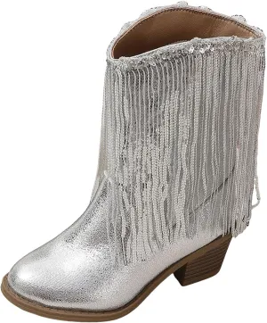 Girls Cowgirl Boots with Tassel Kids Sparkly Leather Western Cowboy Boots Mid Calf Sequins Riding Shoes Casual Boot