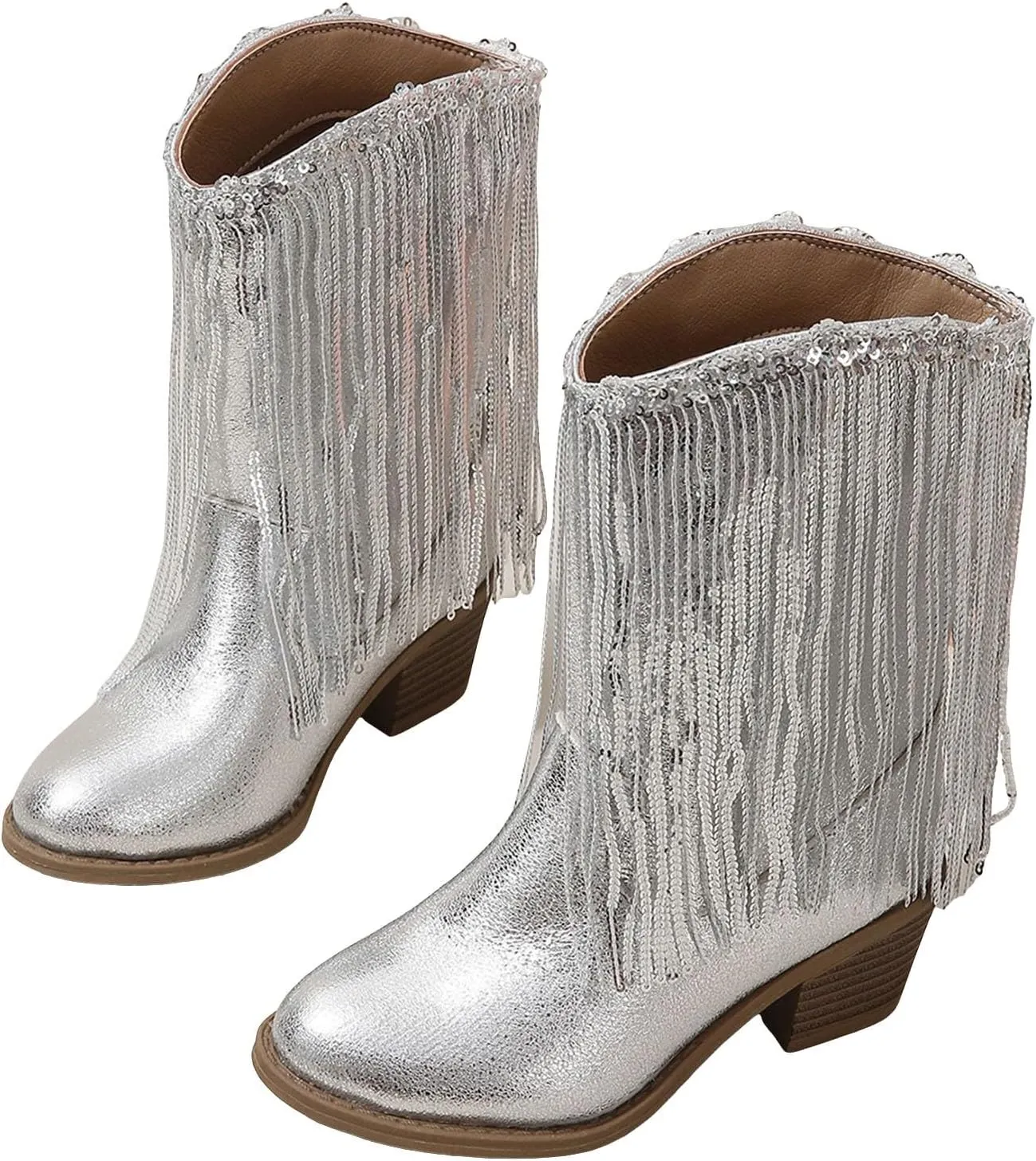Girls Cowgirl Boots with Tassel Kids Sparkly Leather Western Cowboy Boots Mid Calf Sequins Riding Shoes Casual Boot