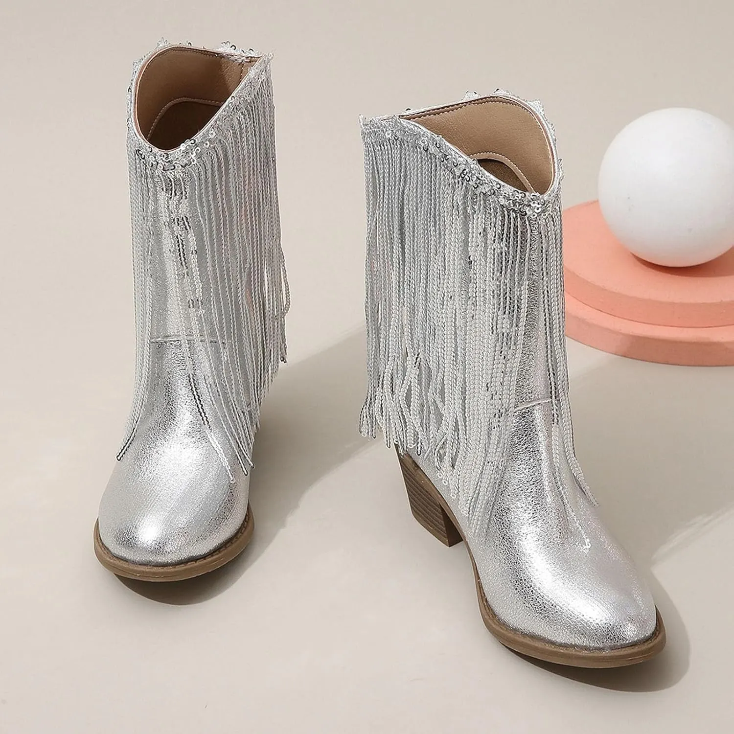 Girls Cowgirl Boots with Tassel Kids Sparkly Leather Western Cowboy Boots Mid Calf Sequins Riding Shoes Casual Boot