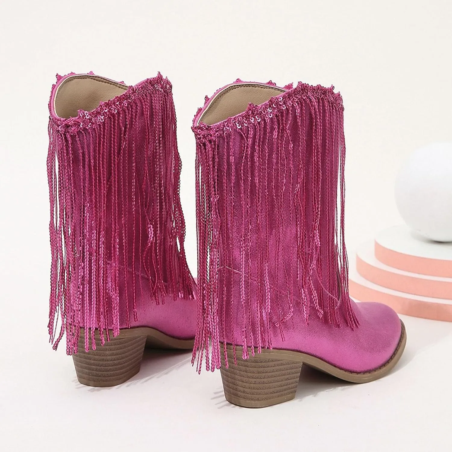 Girls Mid Calf Boots Kids Fashion Tassel Sequin Princess Boots High Heel Fall Boots Slip On Western Cowgirl Boots