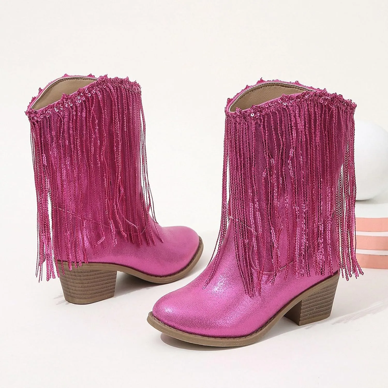 Girls Mid Calf Boots Kids Fashion Tassel Sequin Princess Boots High Heel Fall Boots Slip On Western Cowgirl Boots