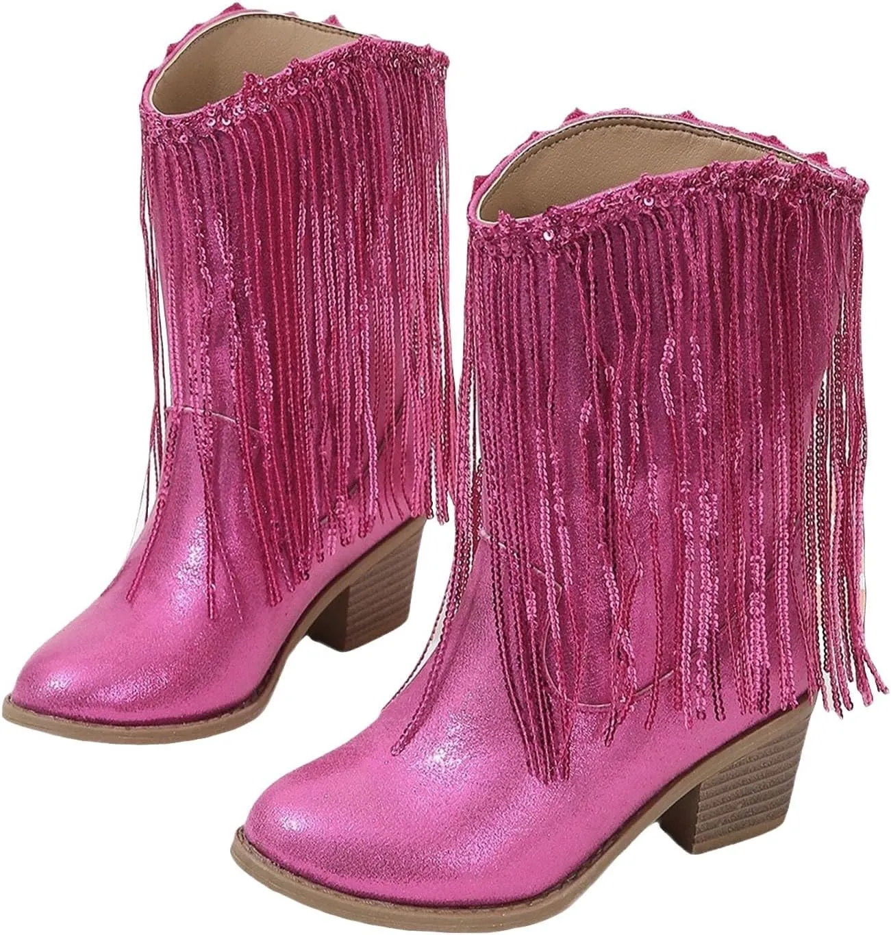 Girls Mid Calf Boots Kids Fashion Tassel Sequin Princess Boots High Heel Fall Boots Slip On Western Cowgirl Boots
