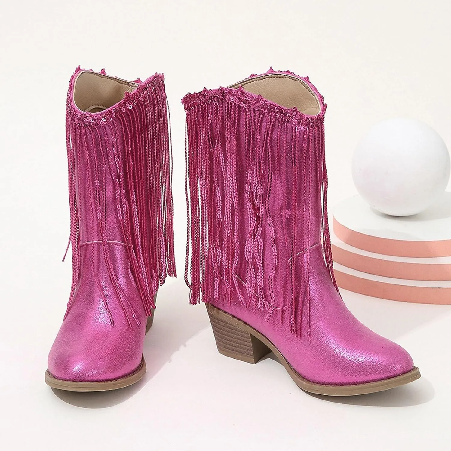 Girls Mid Calf Boots Kids Fashion Tassel Sequin Princess Boots High Heel Fall Boots Slip On Western Cowgirl Boots