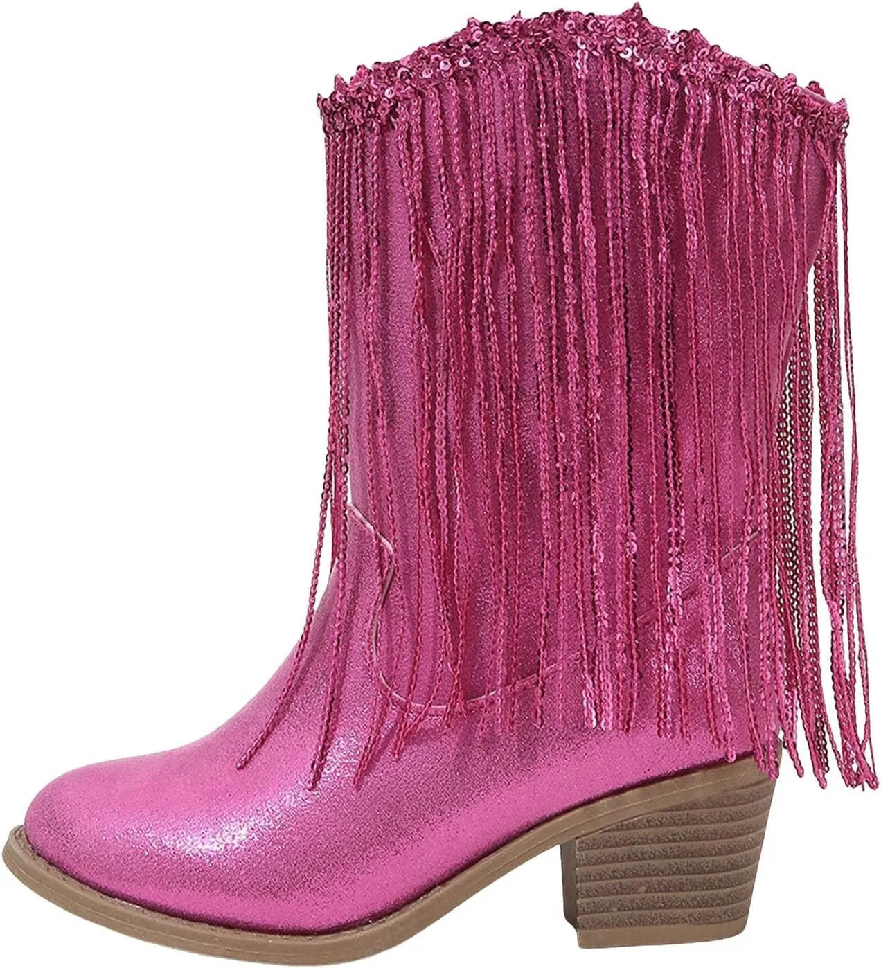 Girls Mid Calf Boots Kids Fashion Tassel Sequin Princess Boots High Heel Fall Boots Slip On Western Cowgirl Boots