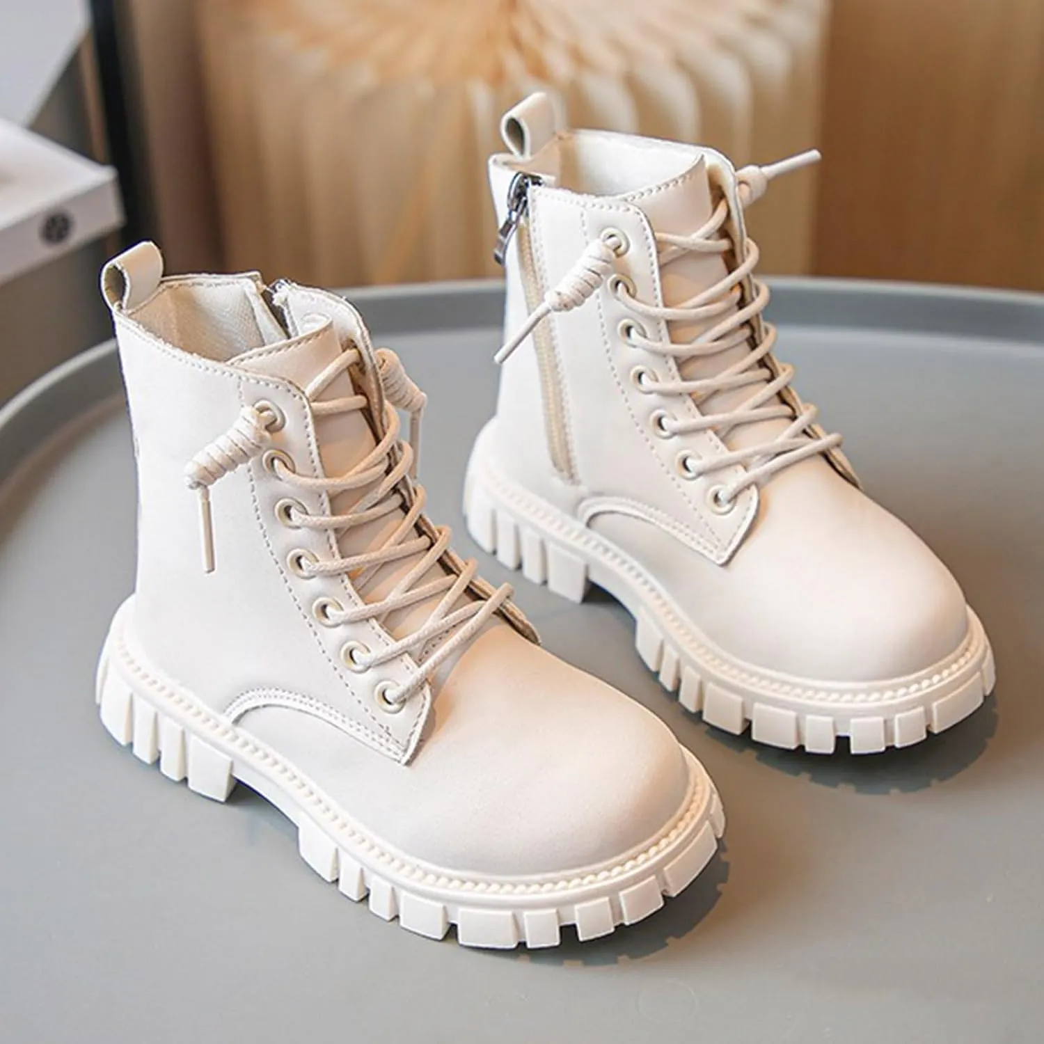 Girls?Ankle Boots Kids Casual Lace Up Hiking Boots Waterproof Leather Combat Boots Soft Sole Outdoor Riding Boots