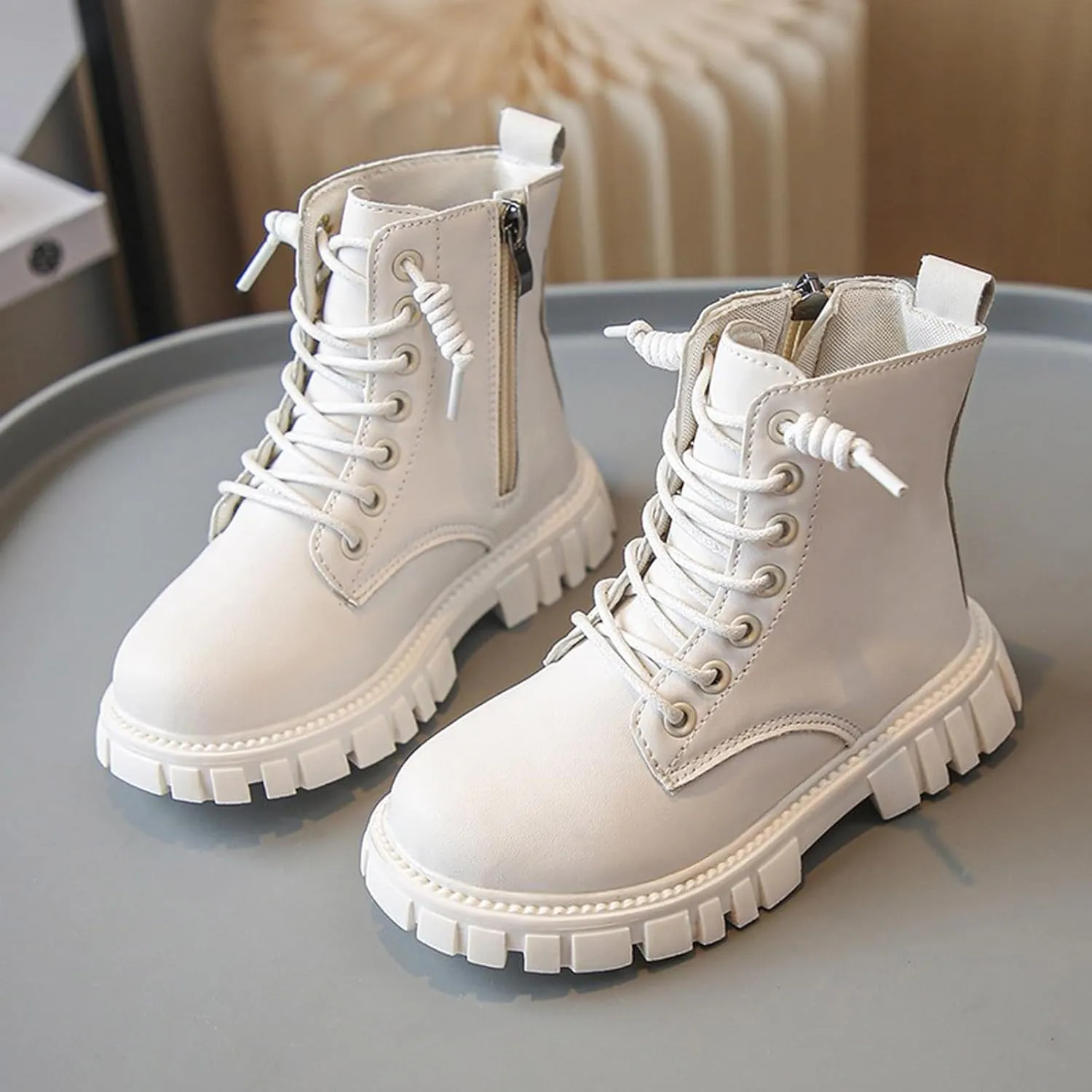 Girls?Ankle Boots Kids Casual Lace Up Hiking Boots Waterproof Leather Combat Boots Soft Sole Outdoor Riding Boots