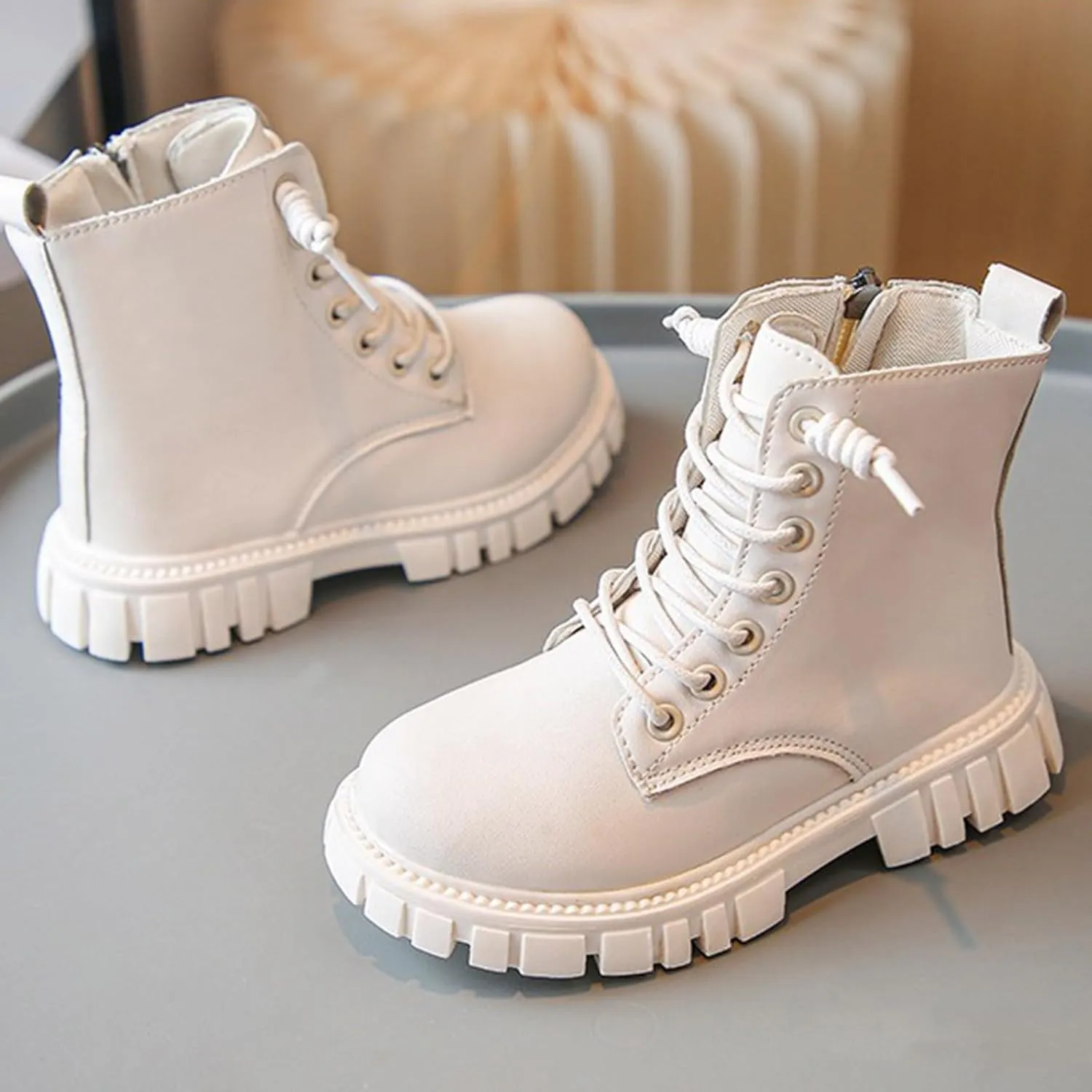 Girls?Ankle Boots Kids Casual Lace Up Hiking Boots Waterproof Leather Combat Boots Soft Sole Outdoor Riding Boots