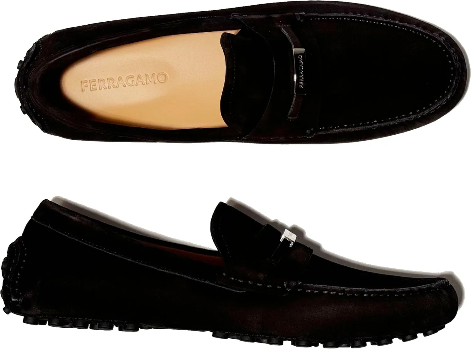 Grenoble Gancini Black Suede Leather Dress Loafers Buckle Mens Drivers Shoes, Nero