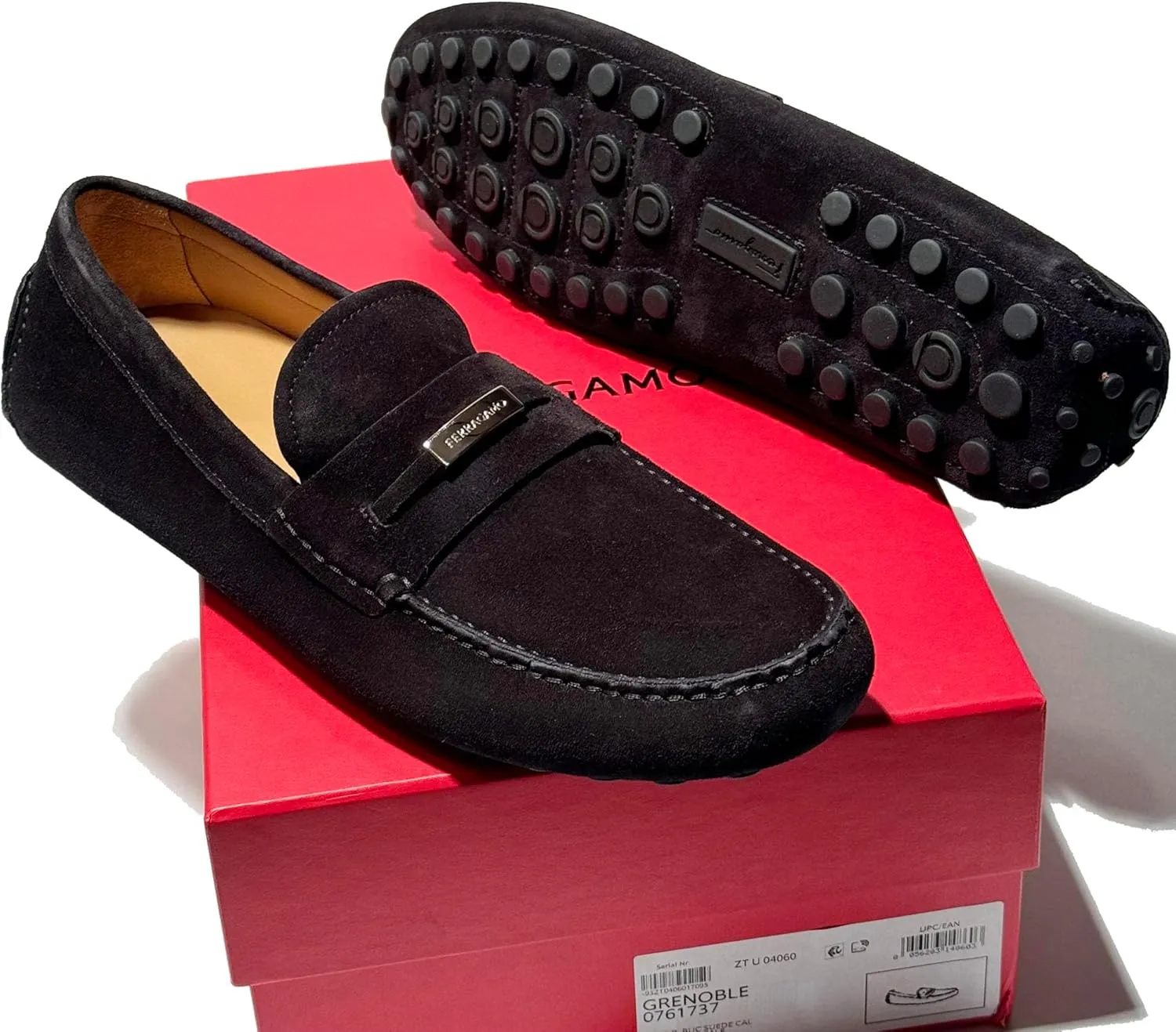 Grenoble Gancini Black Suede Leather Dress Loafers Buckle Mens Drivers Shoes, Nero