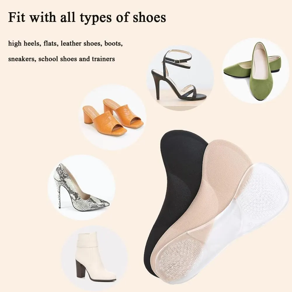 High Heel Inserts Women, Adhesive Velvety Cushioning Insoles for High Heels Anti-Slip,  Gel Cushion Shoe Insoles Pain Relief, Arch Support Shoe Inserts High Arch Flat Feet, 2 Pairs, Beige Black